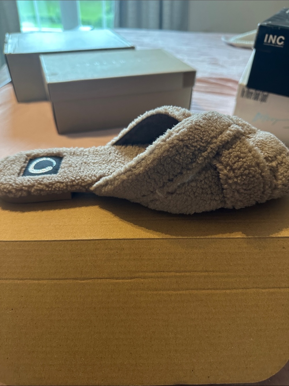 Cozy Shearling Open-Toe Slipper Slide — Taupe - Picture 4 of 6